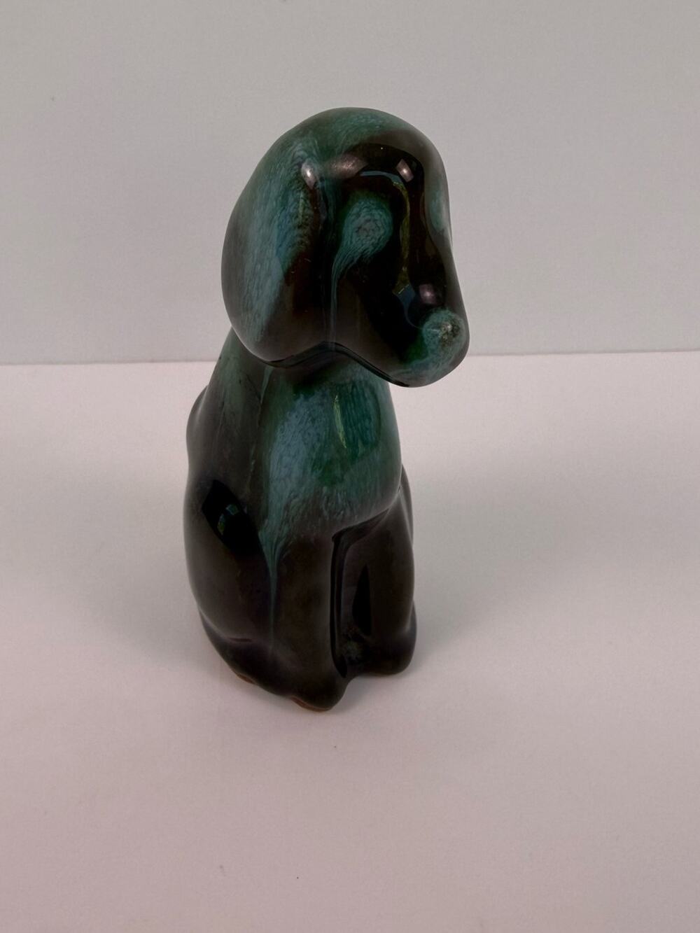 Blue Mountain Pottery Dog Figurine Canada Green Drip Glaze Spaniel Style 3”